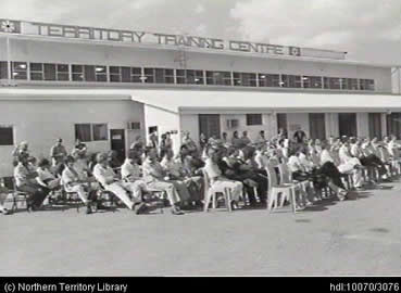 Students sitting in front of the Territory Training Centre in the 1980s, image courtesy of NT Library