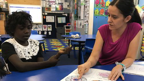 Teacher discussing literacy with student