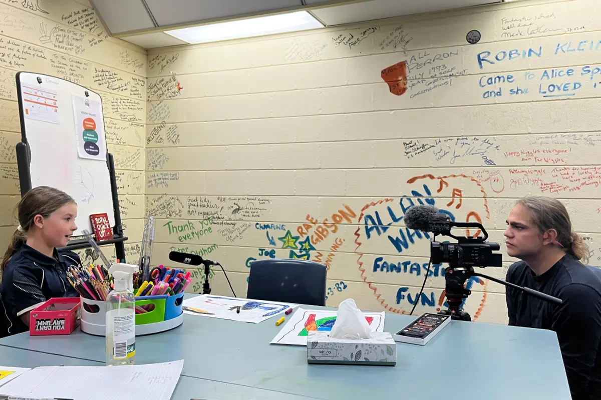 Student sitting down for an interview
